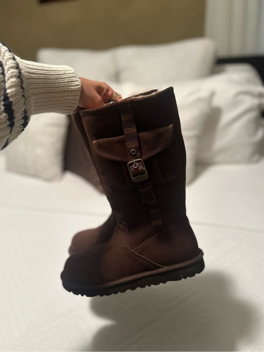 UGG Brown Suede Mid-Calf Boots with Buckle Pocket